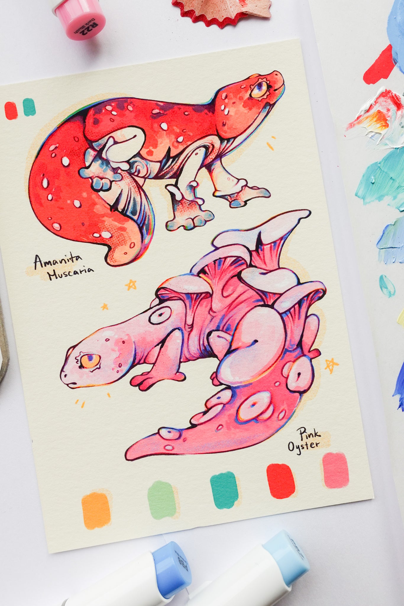 "Mushroom geckos red and pink" print