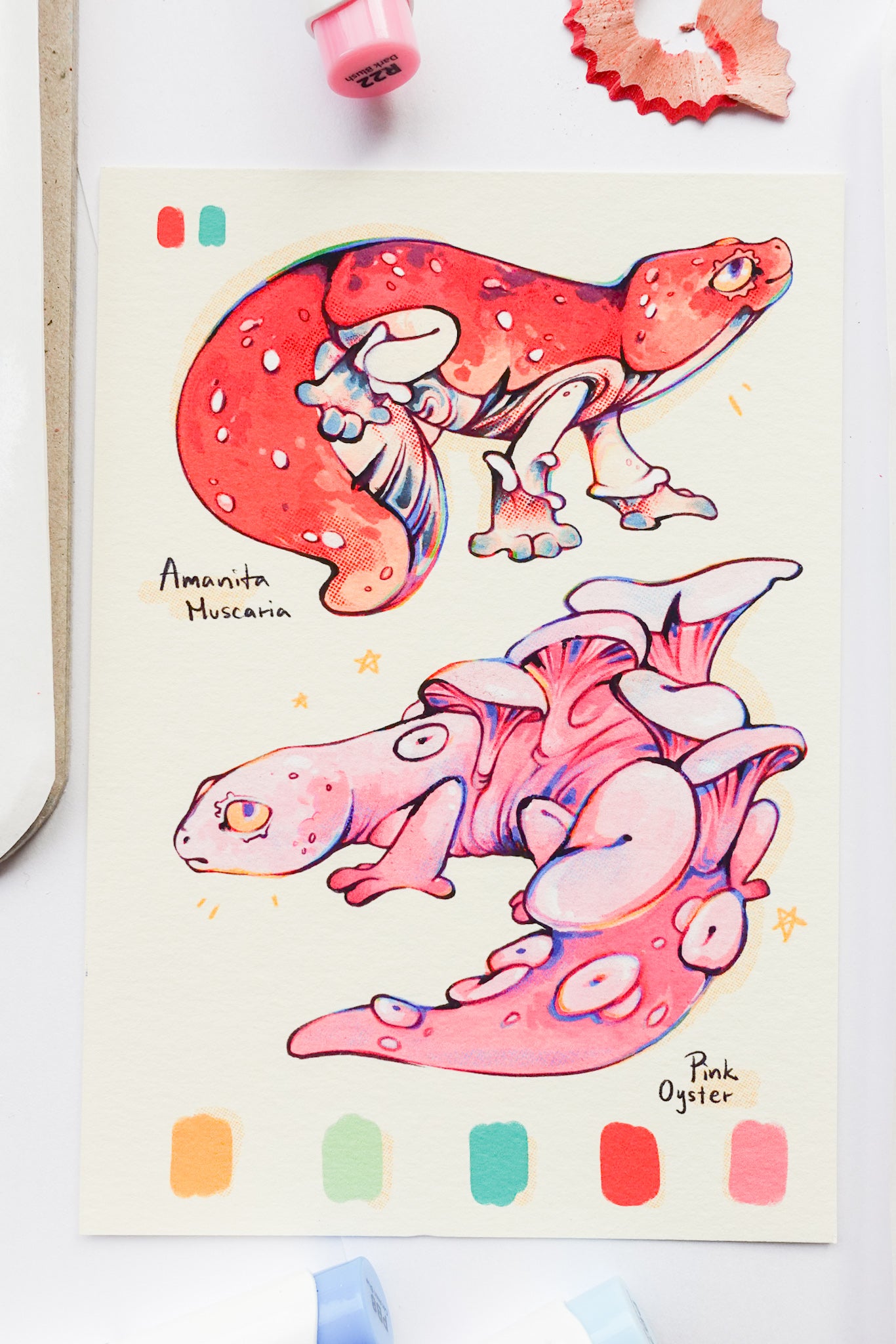 "Mushroom geckos red and pink" print