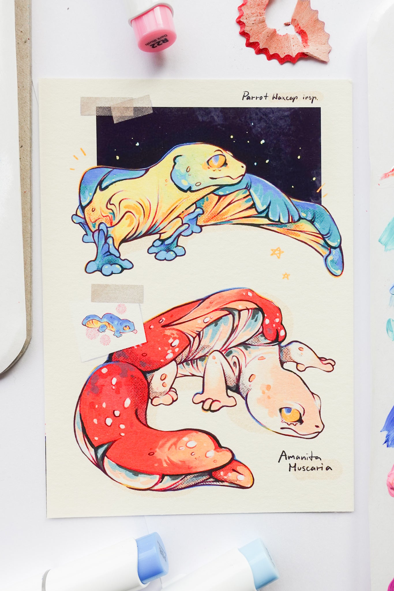 "Mushroom geckos blue and red" print