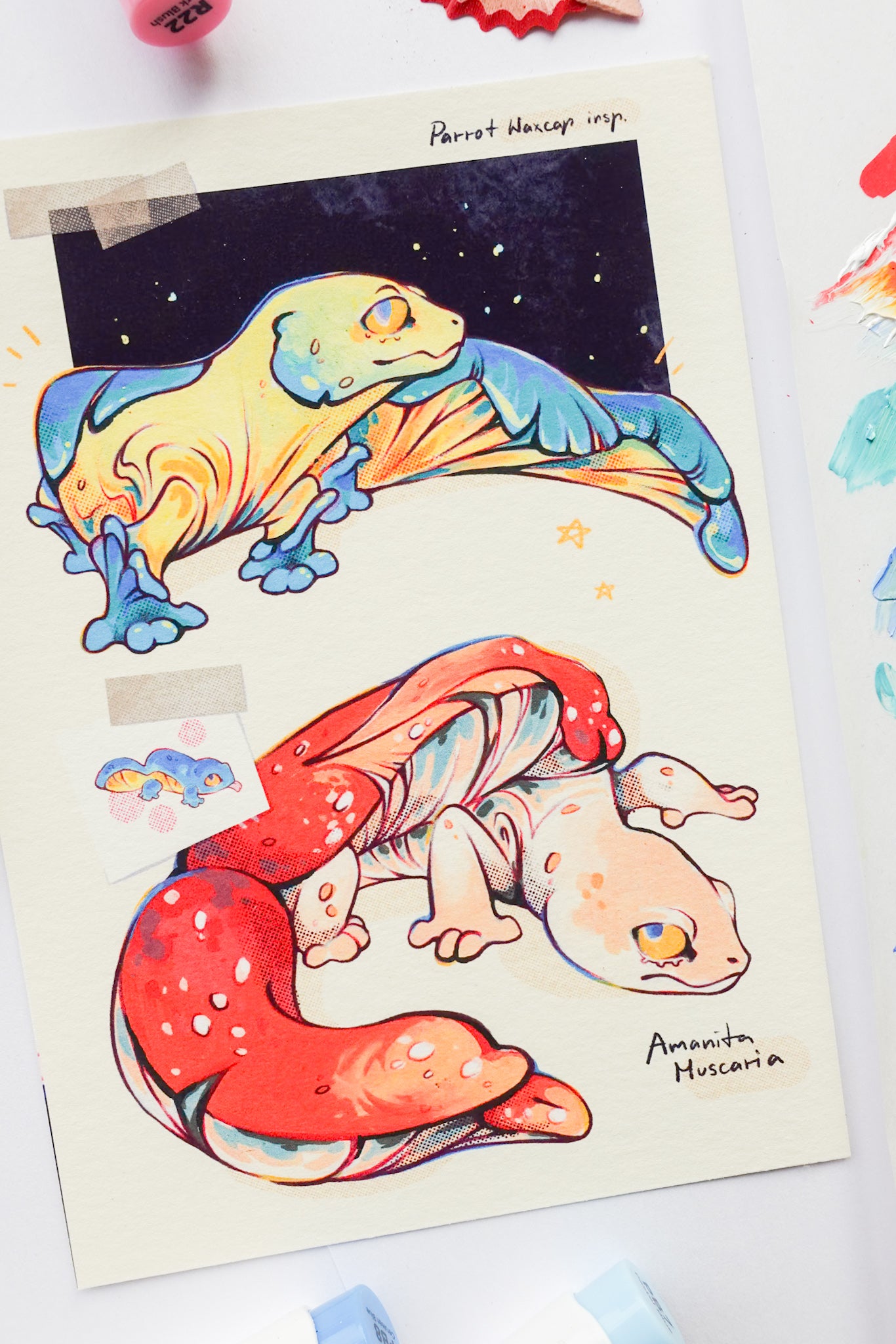 "Mushroom geckos blue and red" print
