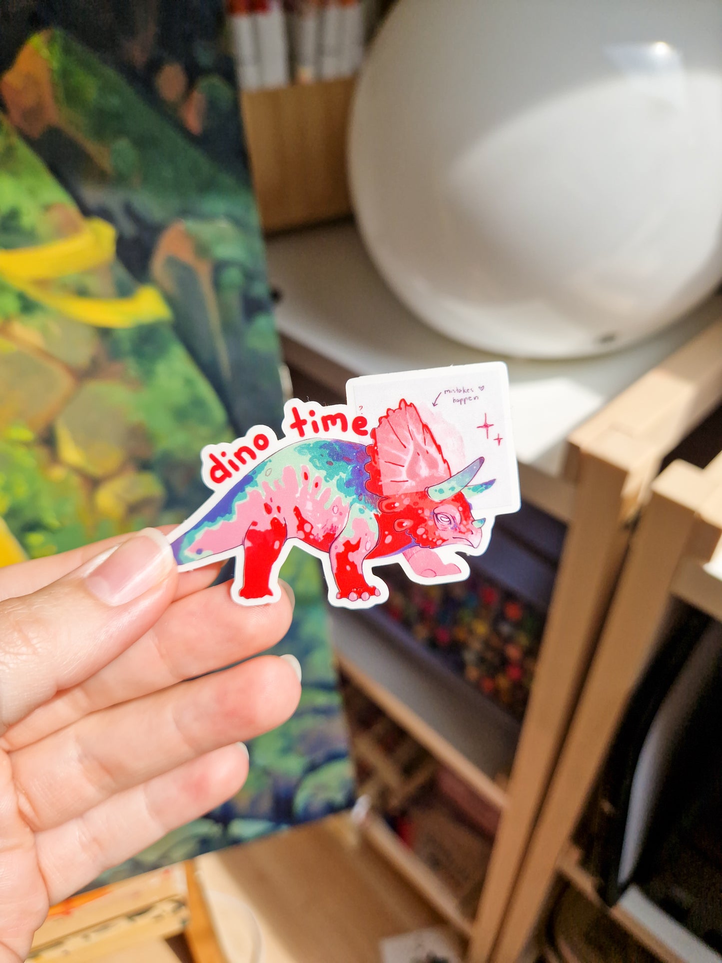 Srawberry sketch dino sticker - vinyl, clear