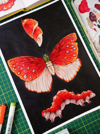 ''Mushroom metamorphosis'' Original painting, A4, acrylics